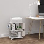 VEDECASA 2 Tier Modern White Wooden Under Desk Printer Stand with Storage Bag for Home Office Desktop Printer Table Organizer Mobile Printer Shelf Cart with Caster Wheel (White) - Image 5